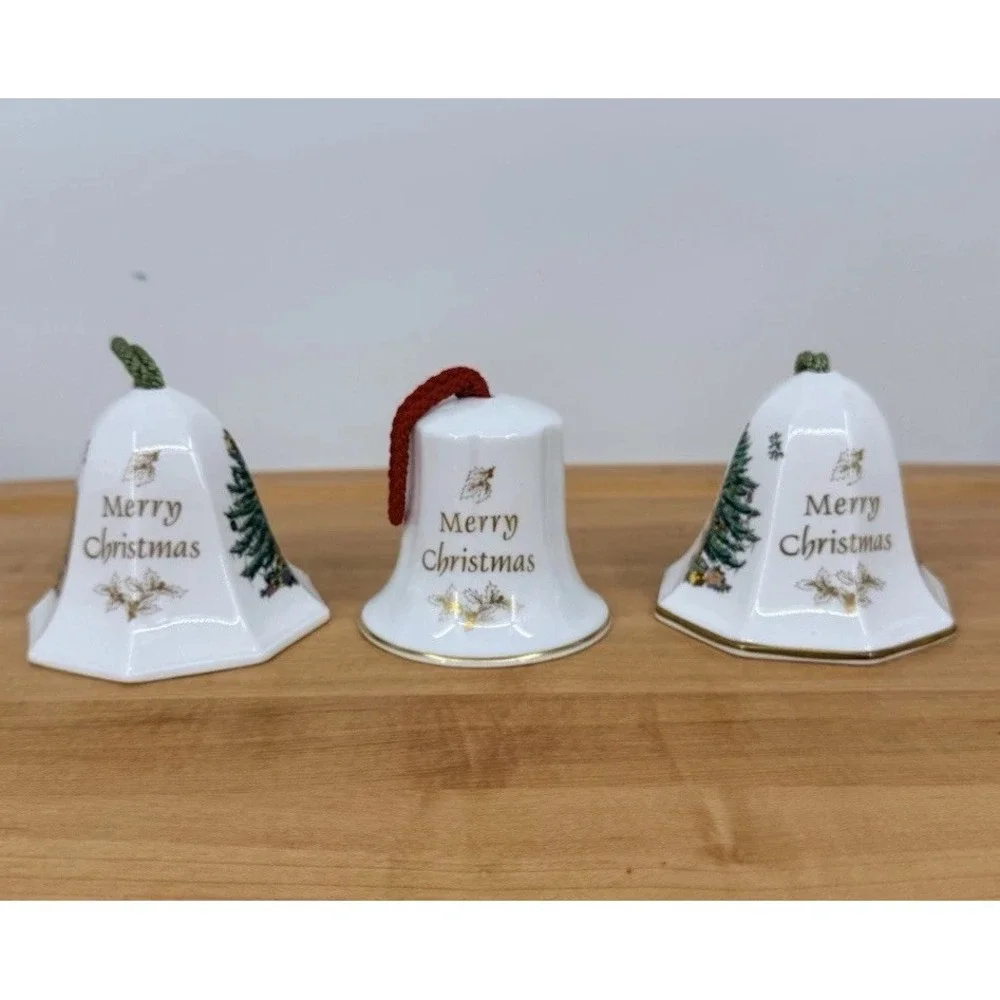 Spode Fine Bone China England Merry Christmas Hanging Bell Ornaments Set of 3